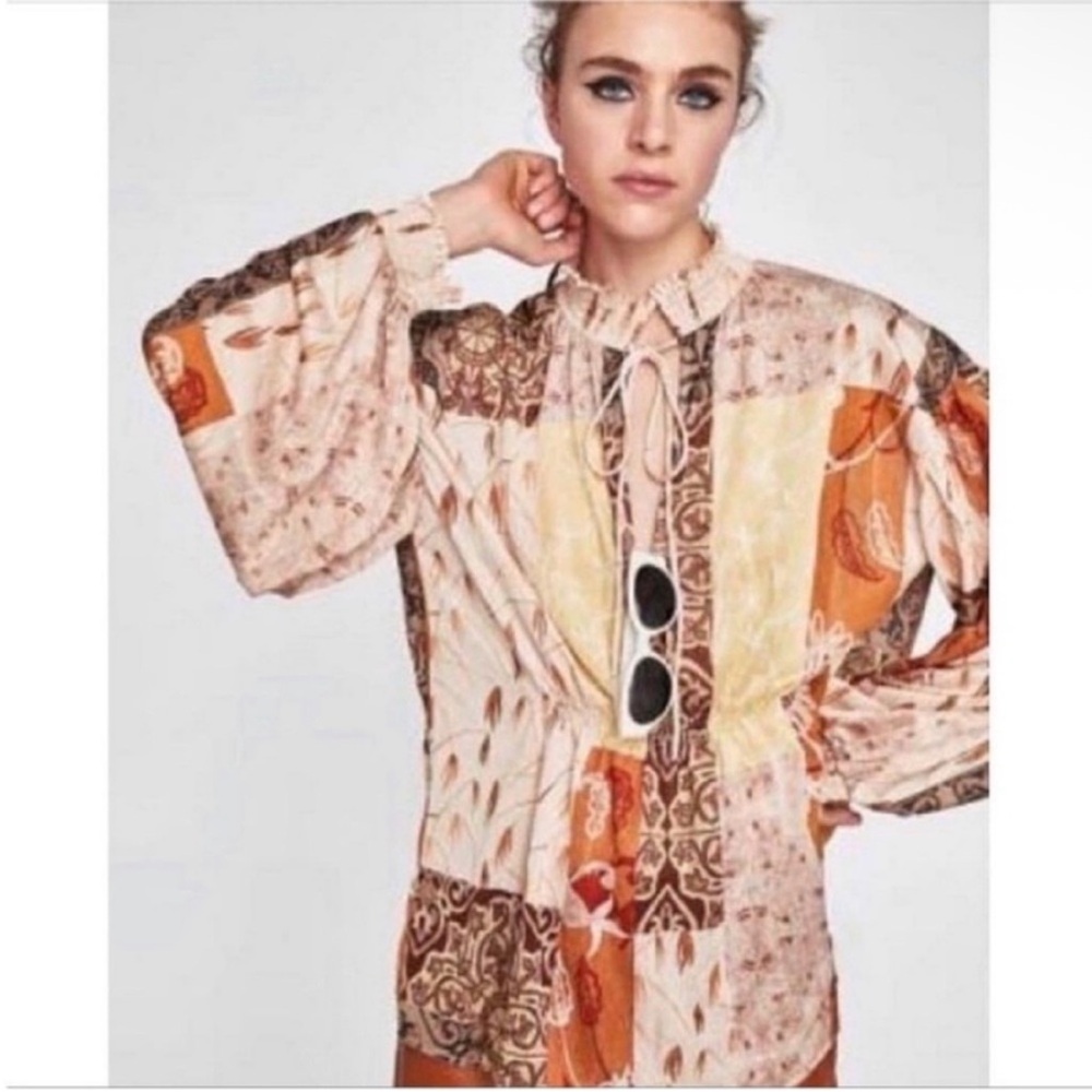 Zara Collection shirt tan yellow patchwork paisley high neck blogger favorite